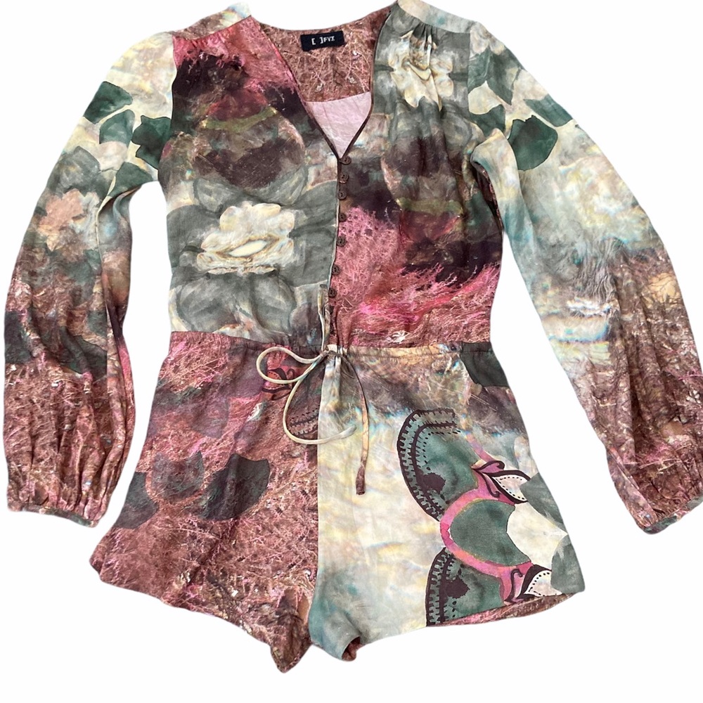 FYI Long sleeve Water Color Floral Romper pink green brown size 38